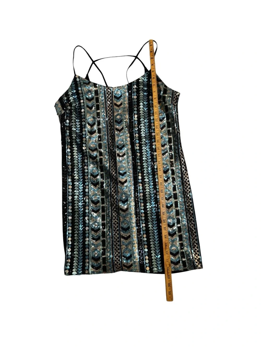 Forever 21 Contemporary Sequin Mini Dress Black Blue Gold Geometric Open Back L